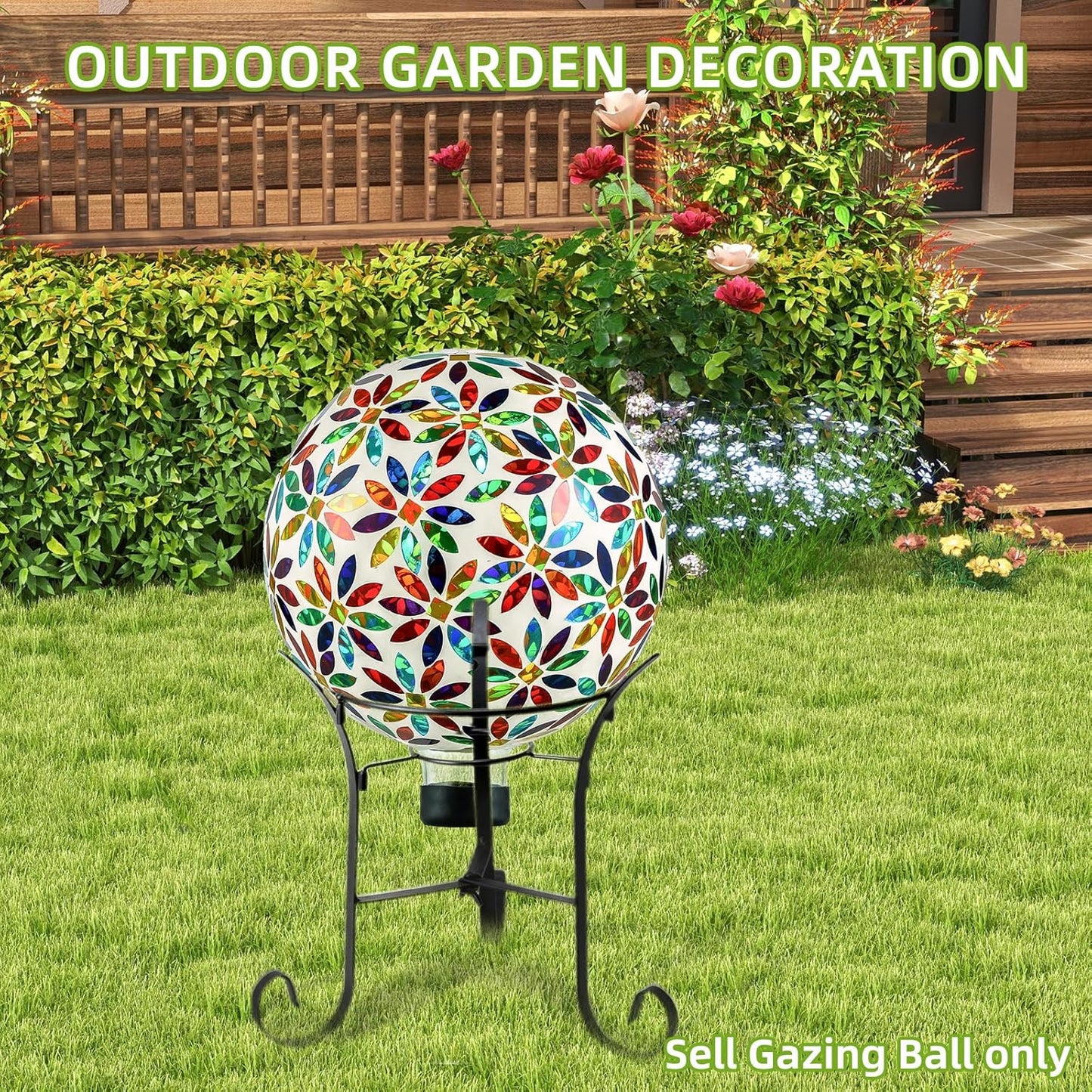 VOREEN Mosaic Glass Gazing Ball Outdoor Gazing Globe, Handmade Reflective Ball Yard Decoration for Homes, Patio, Lawn and Gardens, Gift for Mom Wife Friend, 10-Inch, Multi Colored Flowers Design