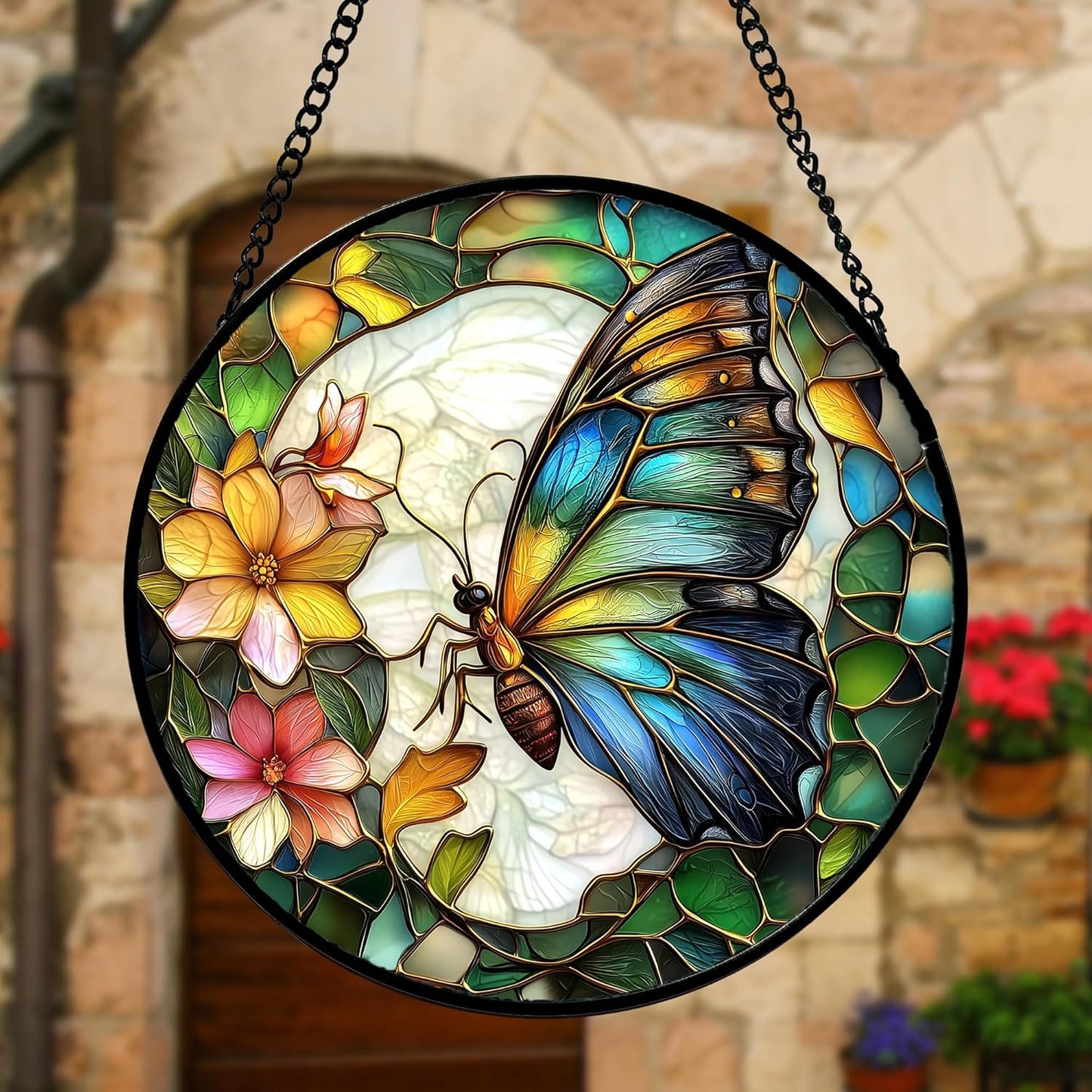 Stained Glass Window Hanging, Butterfly Flower Sun Catchers Diamond Glass Panel Hangings Insect Suncatcher Decor for Birthday for Women, Men, Wife, Aunt, and Mom 6.3 in