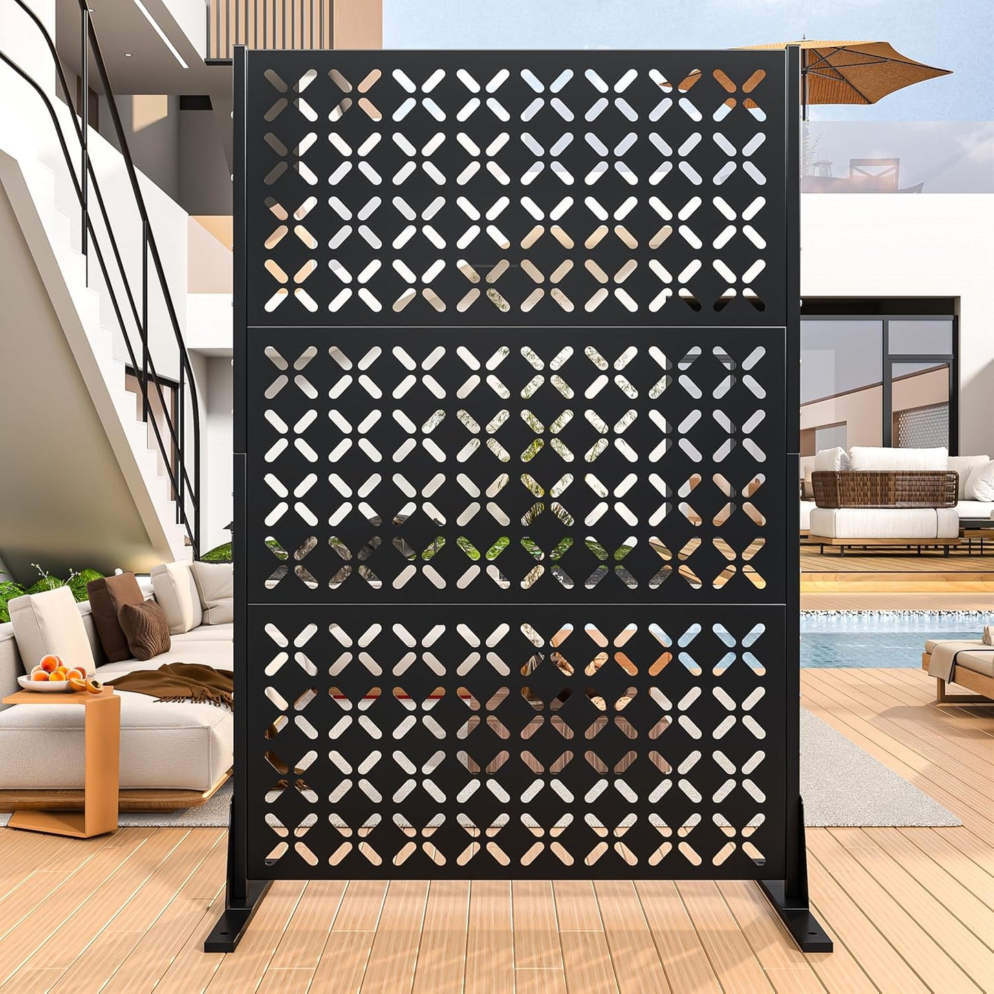 Metal Privacy Screen Outdoor, 72" H Freestanding Privacy Fence with Sturdy Stands, Decorative Privacy Panels Shield for Courtyard, Balcony, Garden and Other Indoor Places(X-Shaped-Fence)