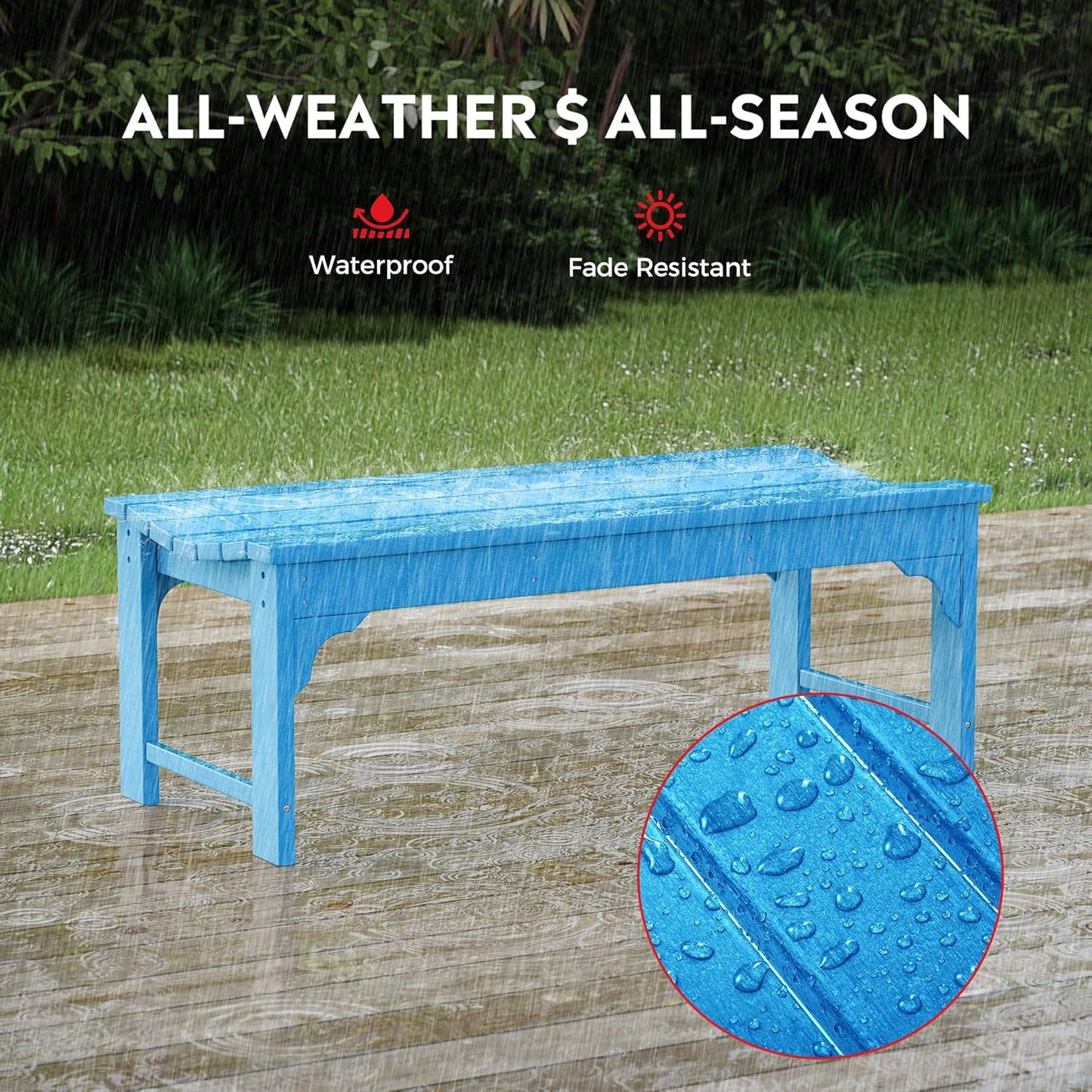 Outdoor Benches Weatherproof, All Weather Resistant Park Bench Poly Lumber Backless Garden Bench Seat for Entryway Front Porch, Pacific Blue