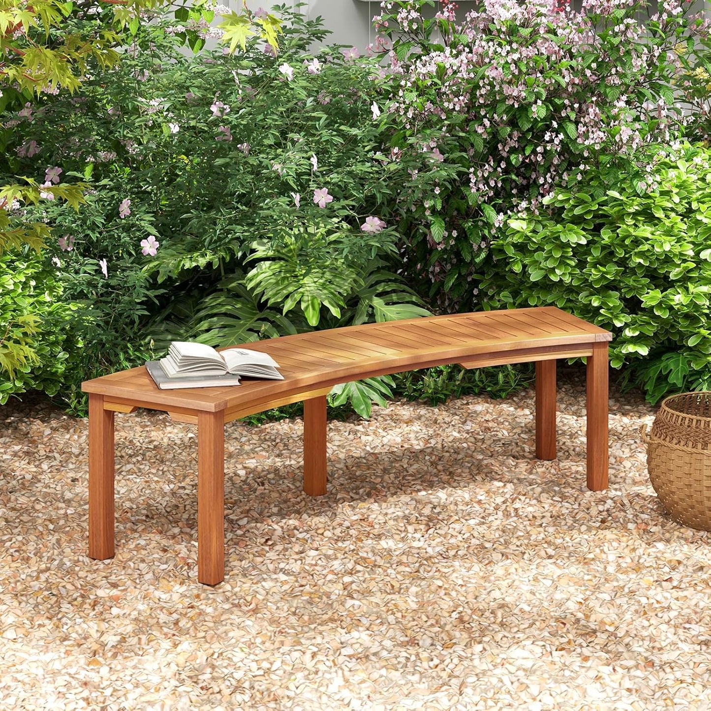 Tangkula Outdoor Curved Bench, Acacia Wood Fire Pit Bench w/Slatted Seat, Patio Backless 2-Person Seating for Porch, Yard, Garden, 800 LBS Max Load, Oil Painted (1, 58")