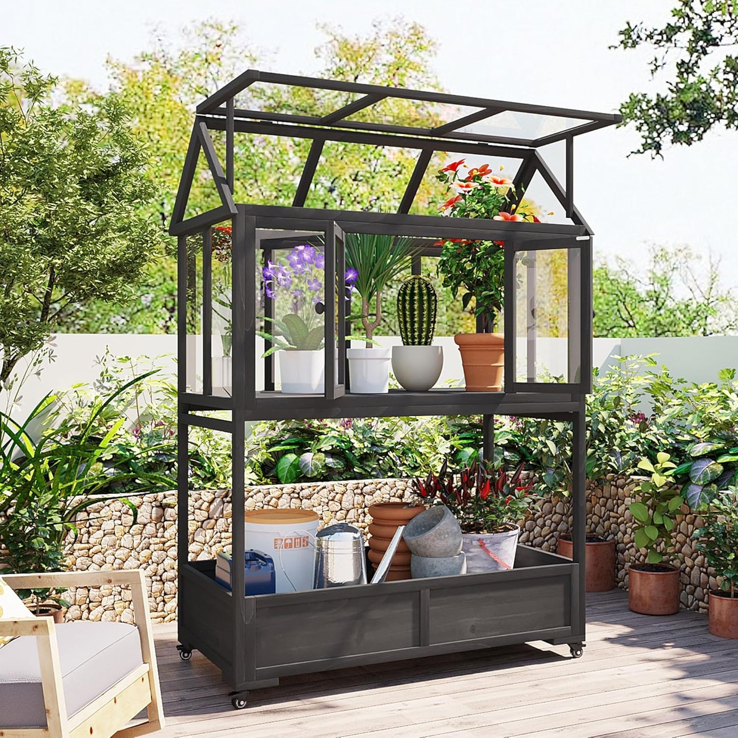 Greenhouse Cold Frames with Wheels - Adjustable Shelves Portable Cold Frame for Balcony/Patio, UV-Resistant Indoor Outdoor Plant Growing Cabinet (Large, Heavy-Duty) (Black)