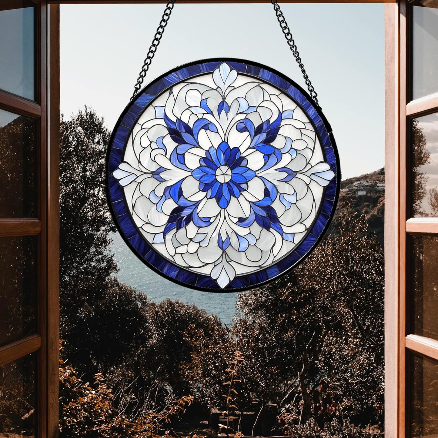 Stained Glass Window Hanging - Blue White Boho Flower Suncatcher for Door Garden Yard Sun Catchers Decor Christmas Mother's Day Birthday Gifts for Women Mom Nana Friend Teacher 9.8 in