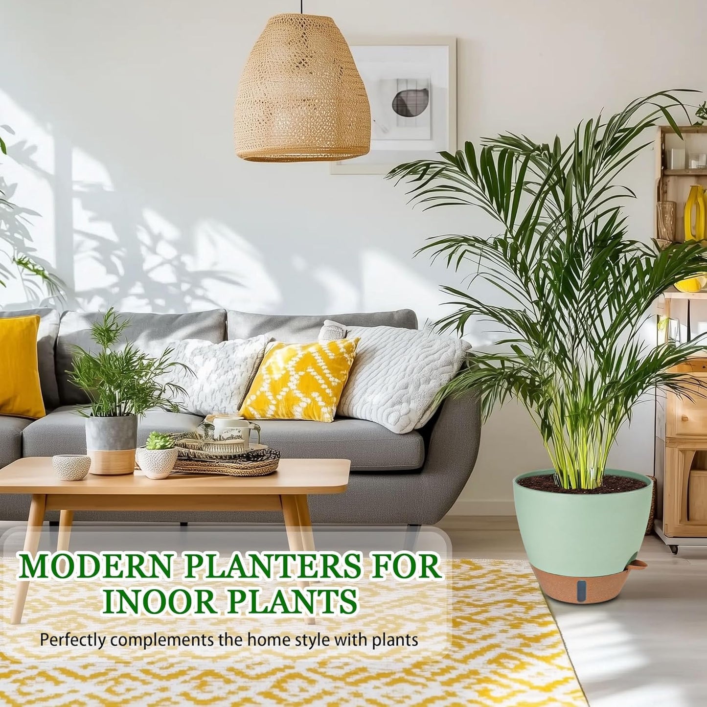 2 Pack 10 inch Plant Pots, Plastic Self Watering Planters with Drainage Holes, Deep Reservoir, Water Level Indicator, Modern Decorative Flower Pots for Indoor Outdoor Plants (Green, 10 inch)