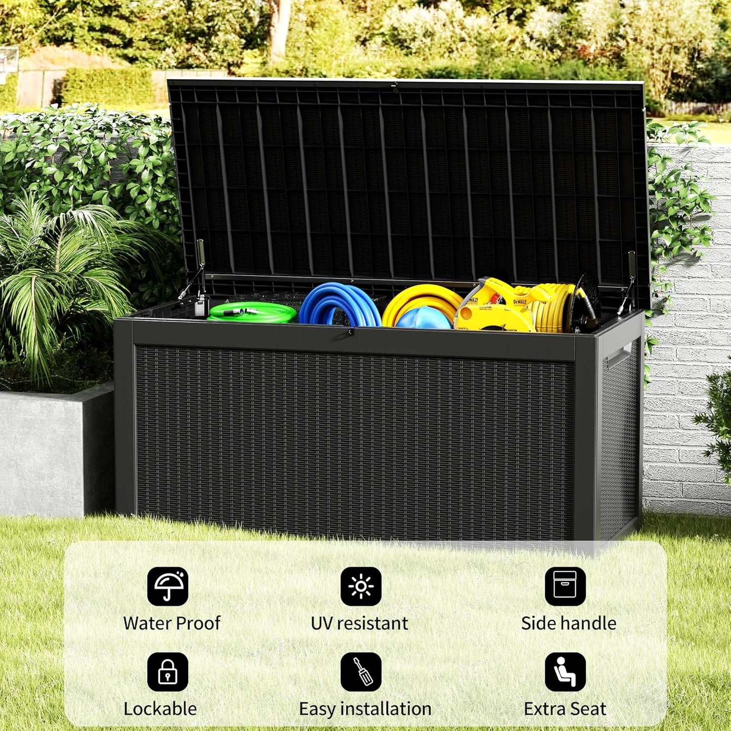 320 Gallon Deck Box, Resin Outdoor Indoor Waterproof Storage Box, Lockable Storage Box With Handle for Patio Furniture - Garden Tools - Swimming Pool Tools UV-Resistant, Black