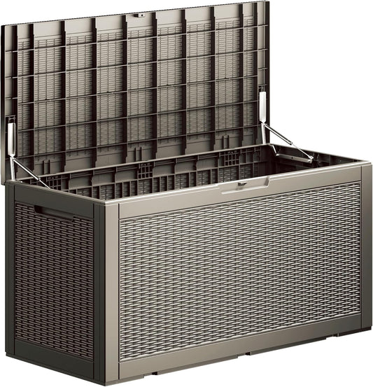 100 Gallon Deck Box, Resin Outdoor Indoor Waterproof Storage Box, Lockable Storage Box With Handle for Patio Furniture - Garden Tools - Swimming Pool Tools UV-Resistant, Brown