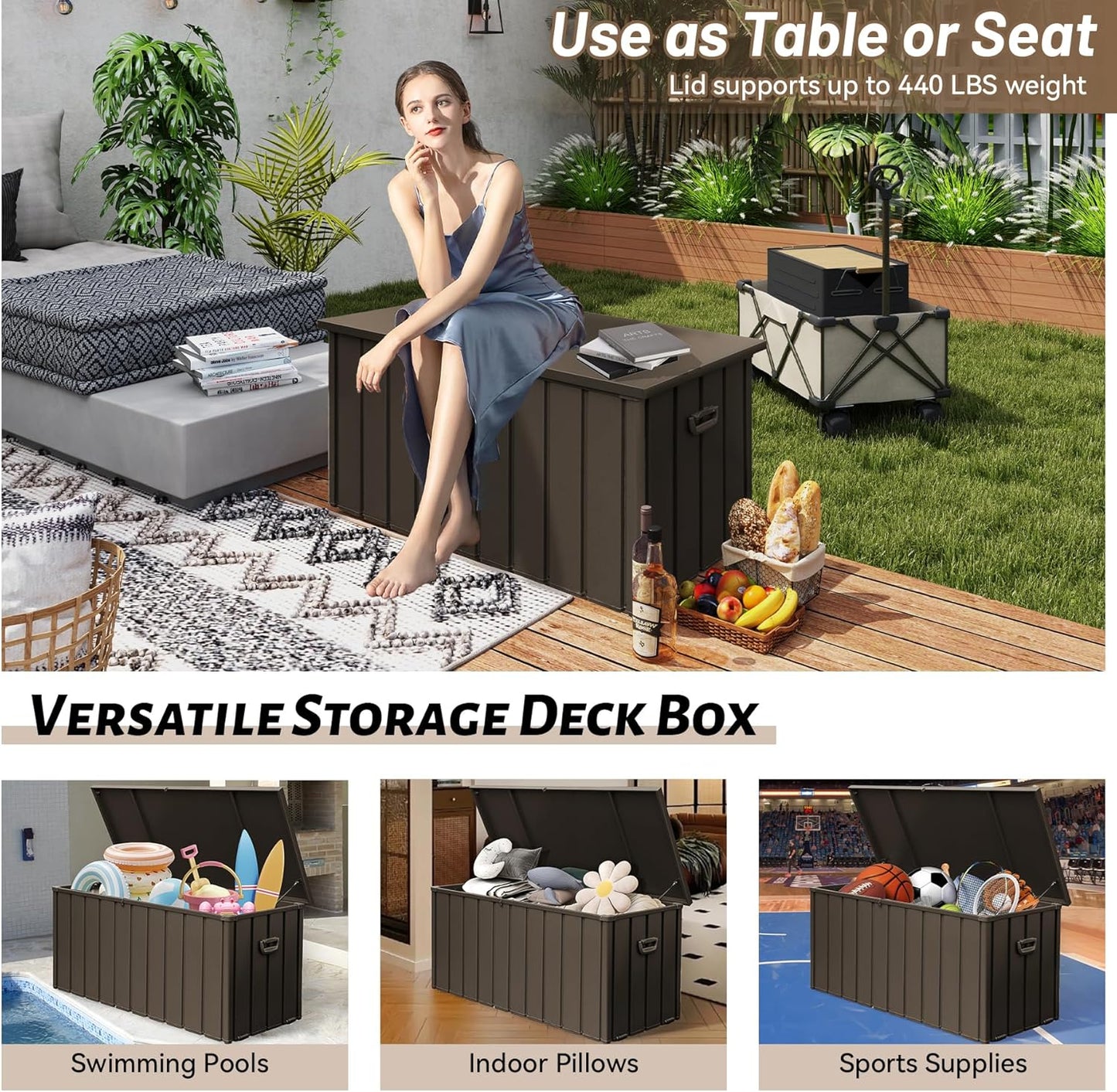 Metal Outdoor Storage Box,160 Gallon Waterproof Large Deck Box, Lockable Heavy Duty Home and Outside Storage Cabinet/Bin Container for Patio/Poolside/Backyard Cushions, Pillow -Brown