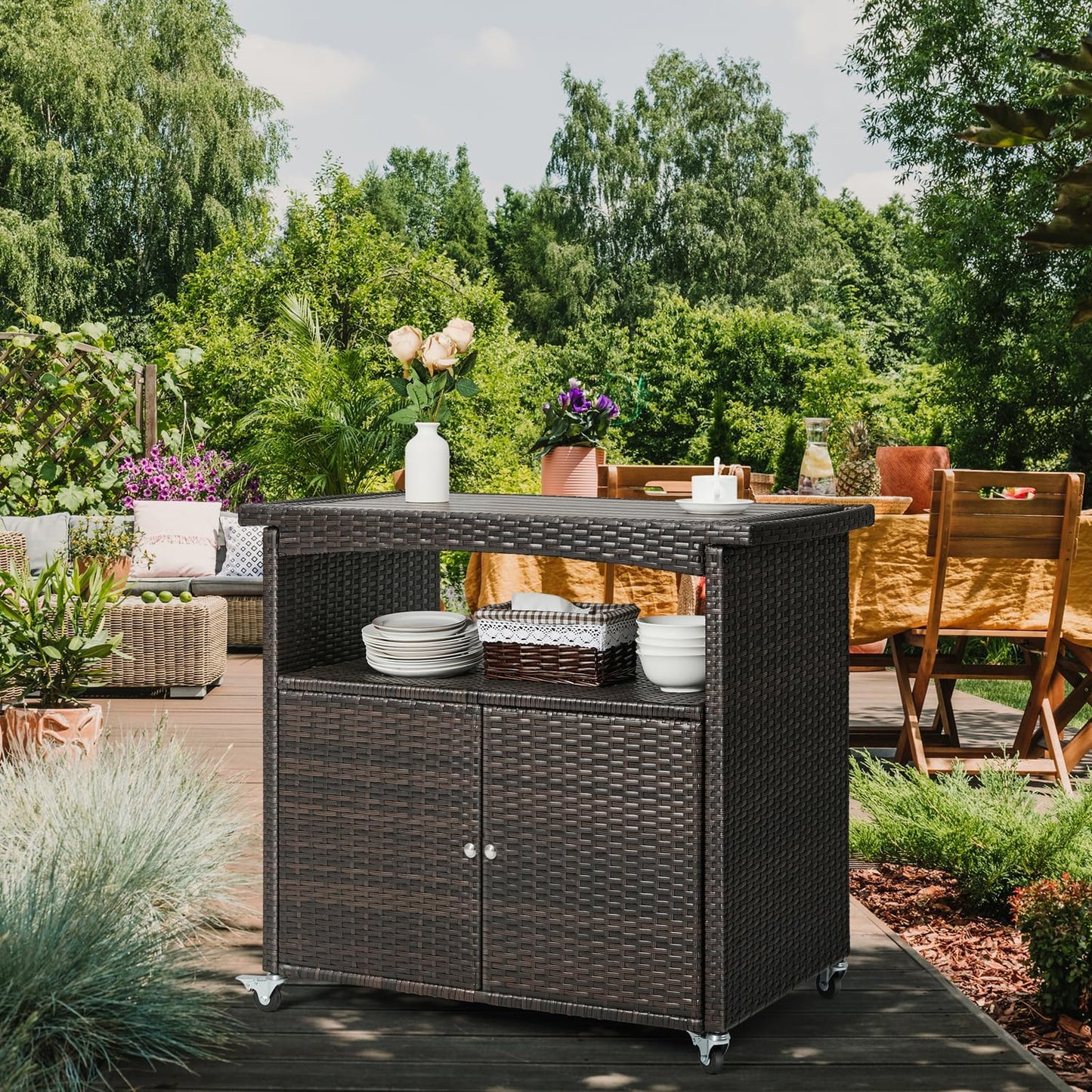 Outdoor Storage Cabinet,Outdoor Cabinet for Patio Bar Cart with Rolling Wheels Patio Bar Table with Storage Wicker Buffet Cabinets prep Table Kitchen Serving Cart with Door,Shelves,Handle Brown