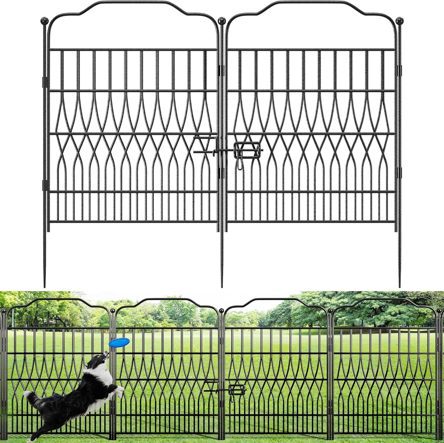 Bepatio 5 Panels Tall Garden Fence with Latch, 40in (H) x 11.5ft (L) Dog Fence Outdoor for Yard, Arc Metal Fencing Panels, Animal Barrier Fencing for Outdoor, Patio, Flower Bed