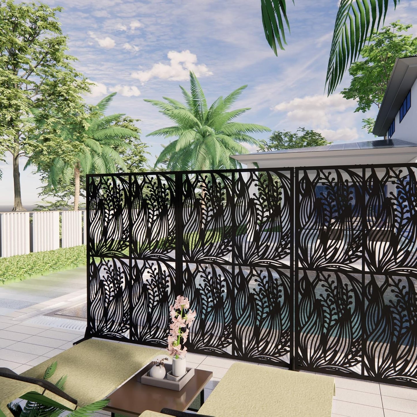 Metal Privacy Screens 72" H Outdoor and Indoor Leaf Pattern Room Divider Privacy Screens Panels for Living Room Balcony Patio Garden (Black