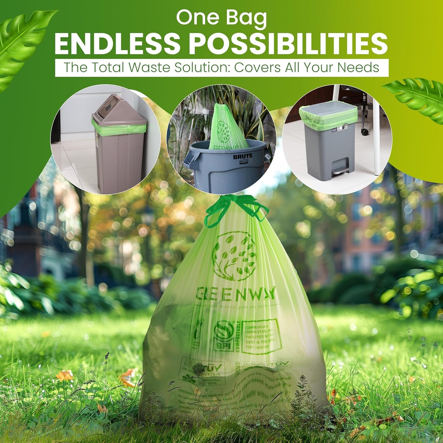 GREENWAY 13 Gallon Compostable Trash Bags Drawstring, 50 Bags, Heavy Duty Extra Thick 0.90 Mil, Tall Kitchen Food Scrap Waste Bags, US BPI and Europe OK Compost Home Certified