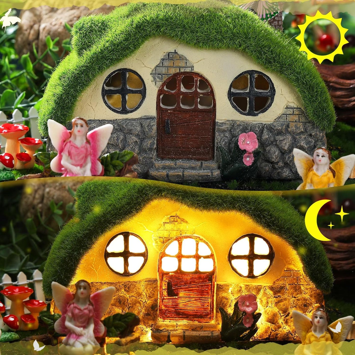 Roowest 57 Pcs Solar Fairy House Garden Accessories Light up Mushroom House Resin Fairy Figures Garden Kit Resin Miniature Fish Pond Figures Micro Landscape Outdoor Decoration