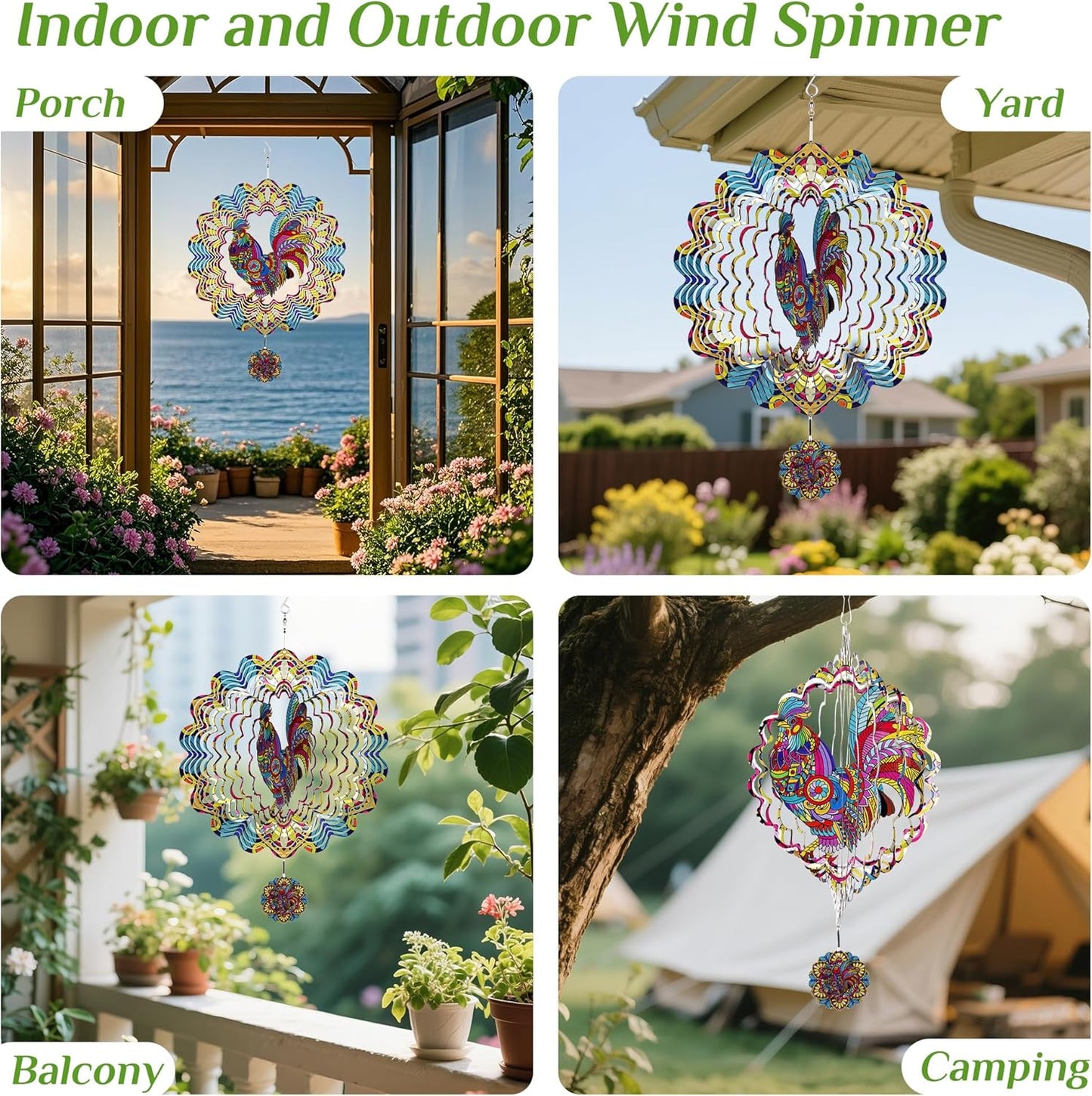 Wind Spinners Outdoor Hanging Rooster - Metal Chicken Gifts for Mom Women Grandma Men, 11.5 Inch 3D Stainless Steel Laser Cut Art Kinetic Wind Spinner for Indoor/Garden Porch Yard Decor