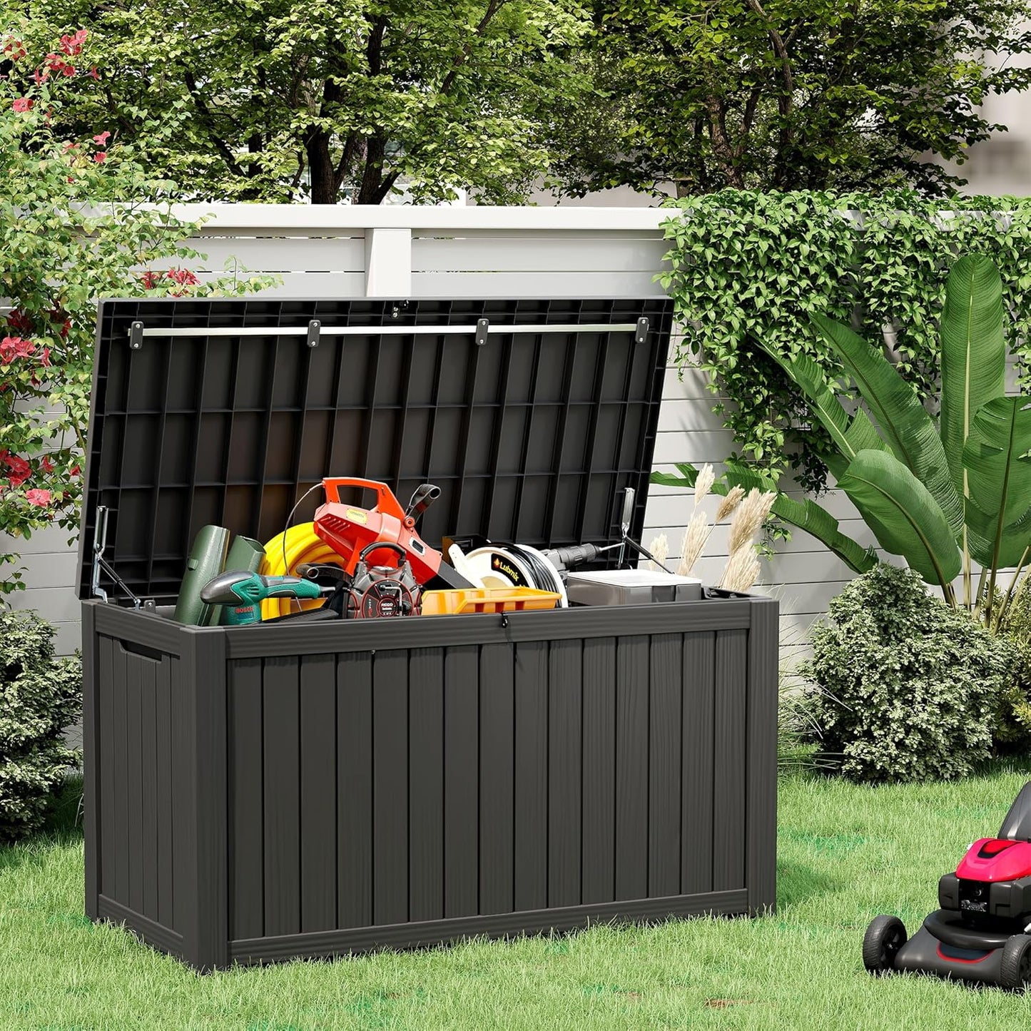 150 Gallon Resin Deck Box, Large Indoor and Outdoor Storage Box, Weatherproof and UV Resistant Outdoor Storage Box with Built-in Steel Beams for Patio, Cushions, Pool Supplies