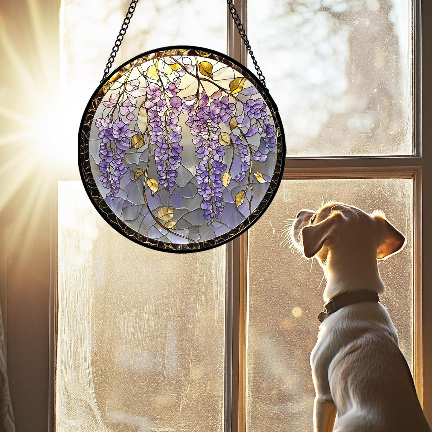 Stained Glass Window Hanging - Wisteria Flower Golden Leaves Sun Catcher for Door Home Decor Plant Suncatcher Christmas Mother's Day Birthday Gifts for Women Men Lovers Mom Nana 6.3 in