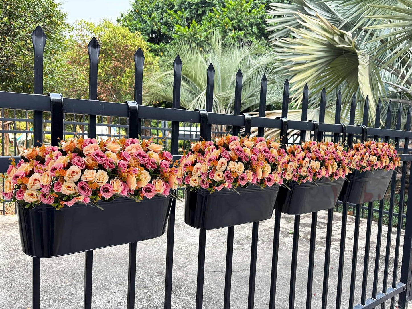 Hanging Planters for Outdoor Plants, 17" Railing Planter Pots, Metal Fence Flower Pot for Porch Balcony with Detachable Hook (Black, Pack of 4)