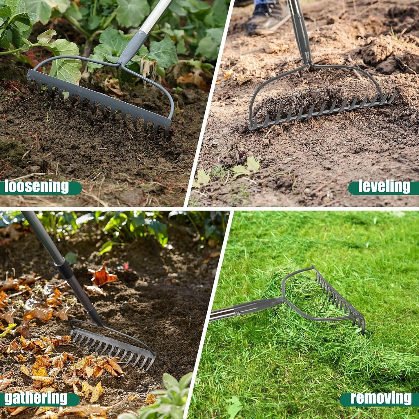 Rake for Leaves, Garden Bow Rake Heavy Duty, 48 in Leaf Rakes for Lawns, Yard Gardening Tools with Back-Saving Handle, 14 Metal Tines Head for Loosen Soil, Clear Gravel Grass Rock, Level Mulch