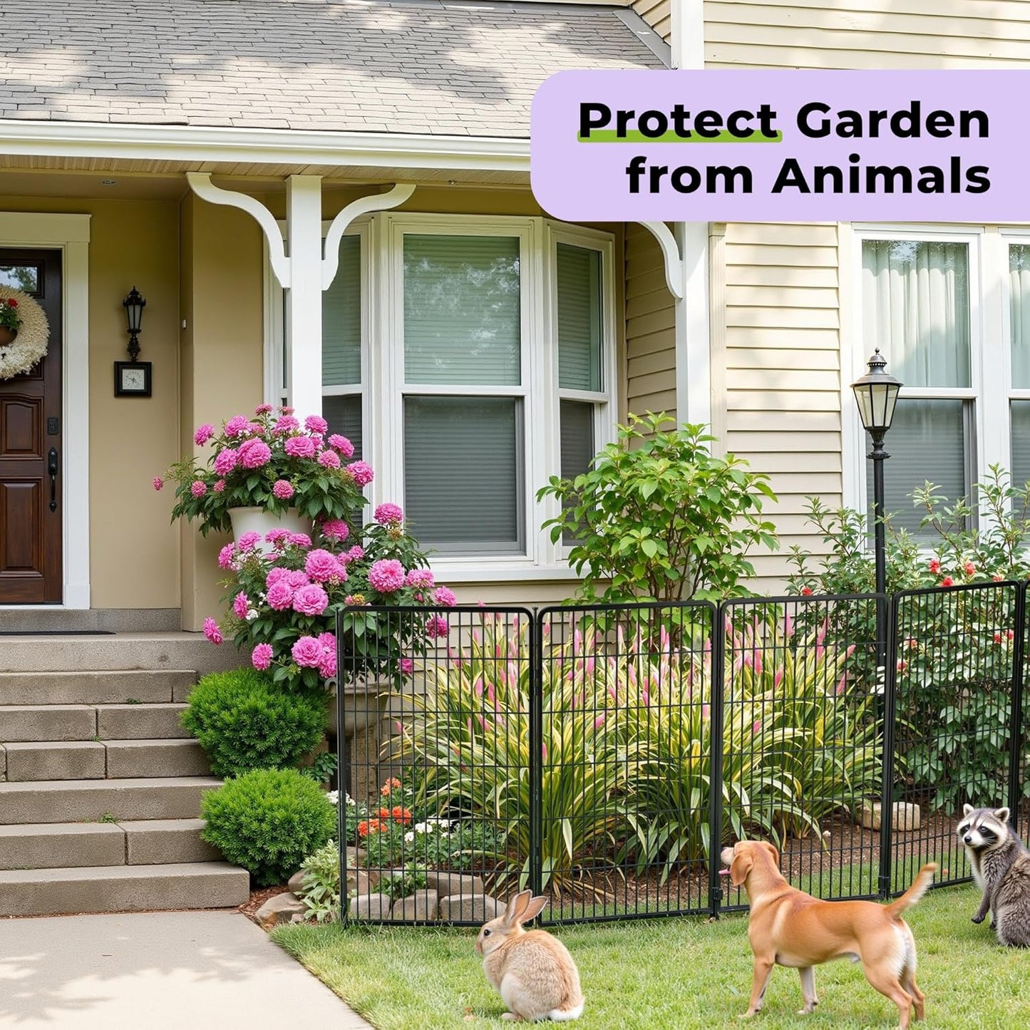 Doorless Garden Fence 24 in(H) x 3.7 ft(L) 2 Panels, Heavy Duty Metal Animal Barrier Fence, No Dig Fence for Dogs, Rabbit Fence for Garden, Black