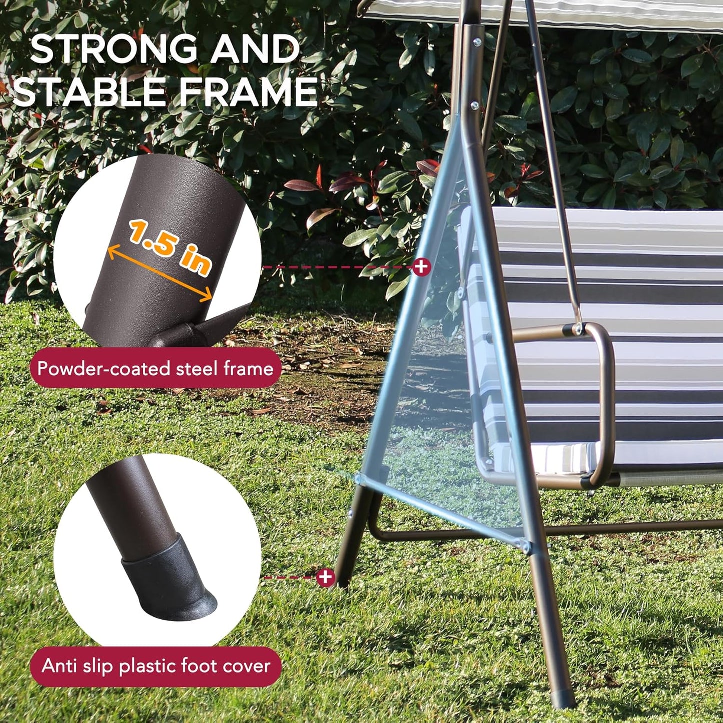 SUNJOY Outdoor Porch Swing, 2 Seat Patio Metal Porch Swing Seats with Adjustable Canopy and Removable Cushion for Garden, Poolside, Backyard, Bronze - Made in Italy