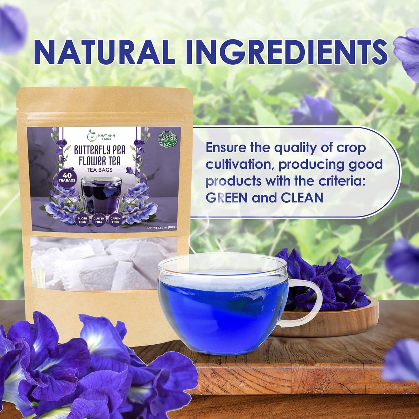 Nhat Anh Farm - Premium Butterfly Pea Tea Bags - Dried Butterfly Pea Flower Tea Bags - 40 Teabags, 2.5g/bag), 100% Natural & Pure/Sugar/Caffeine/Gluten Free. Good For Your Health