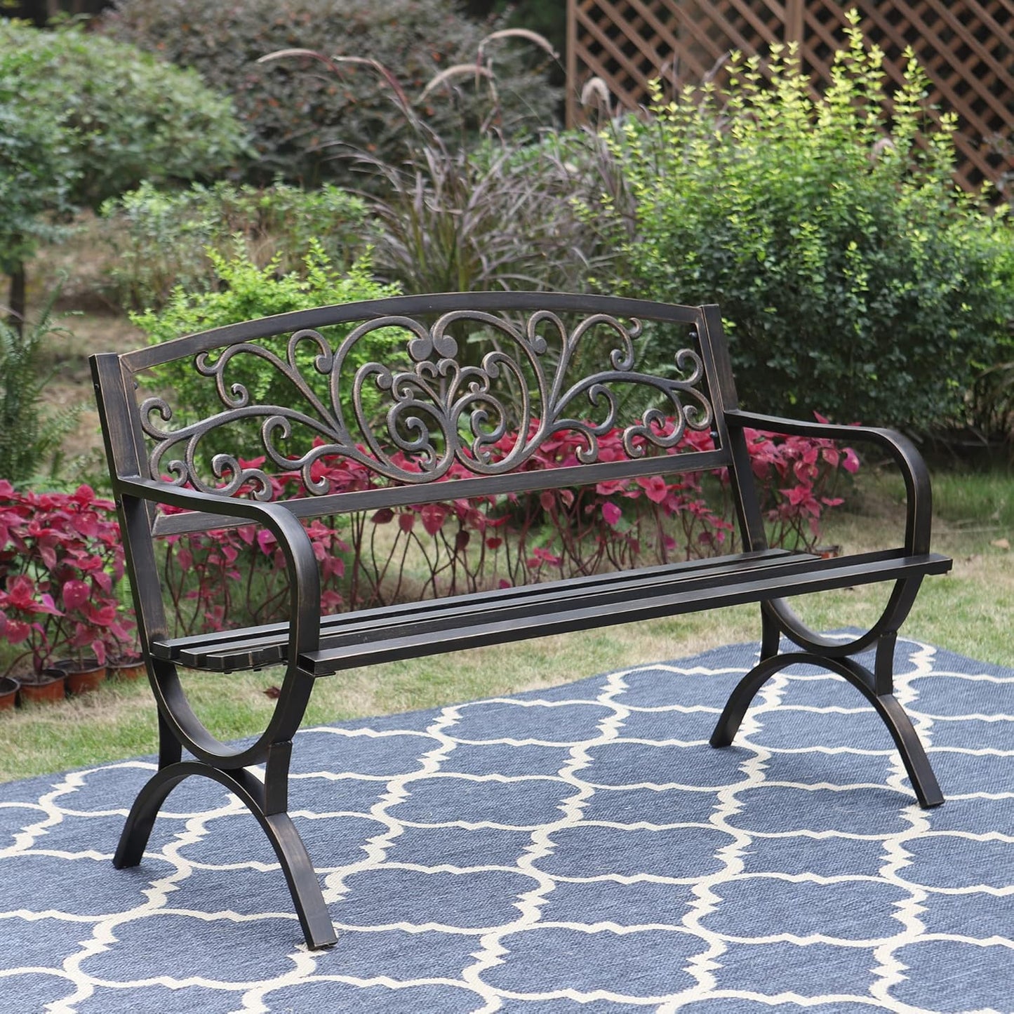 Sophia & William Metal Outdoor Bench, 50" Outdoor Garden Bench Patio Park Bench, Cast Iron Park Benches for Outside with Floral Design Backrest, Bronze
