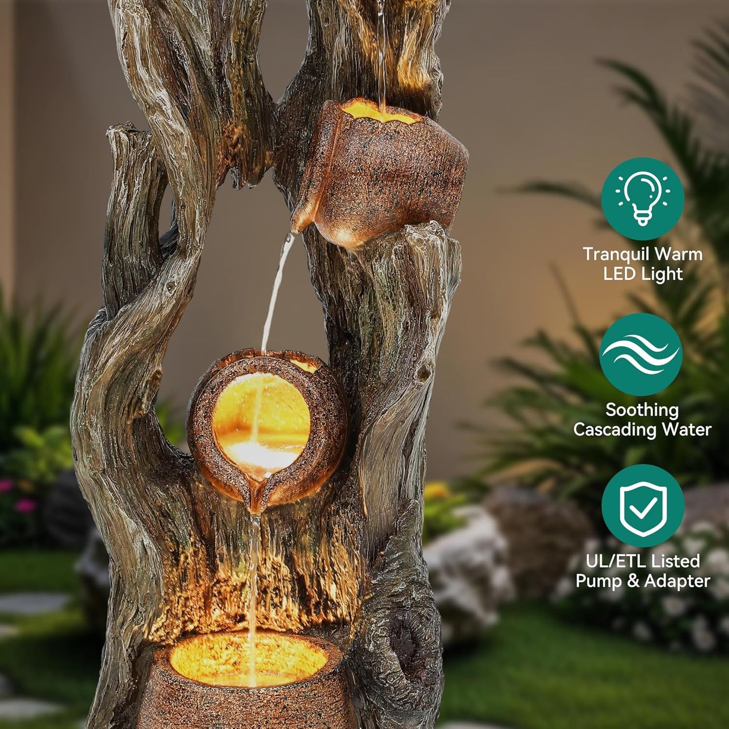 42.7in Tall Outdoor Water Fountain with LED Lights, 3-Tier Rainforest Waterfall Tree Trunk and Jar Garden Fountain, Ideal for Serene Relaxing Patio, Yard or Porch