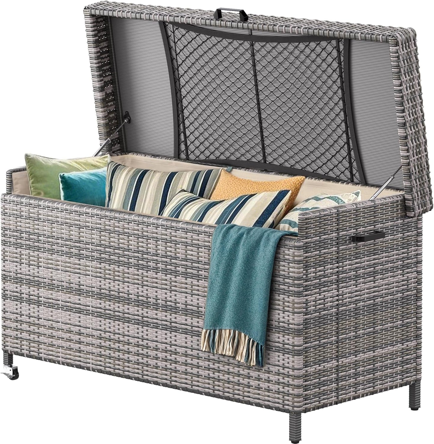 YITAHOME 200 Gallon Large Wicker Deck Box w/Storage Net, Rattan XL Outdoor Storage Box Patio Cushion Storage, Patio Storage Box for Garden Tools, Pool Sports Equipment (Grey)