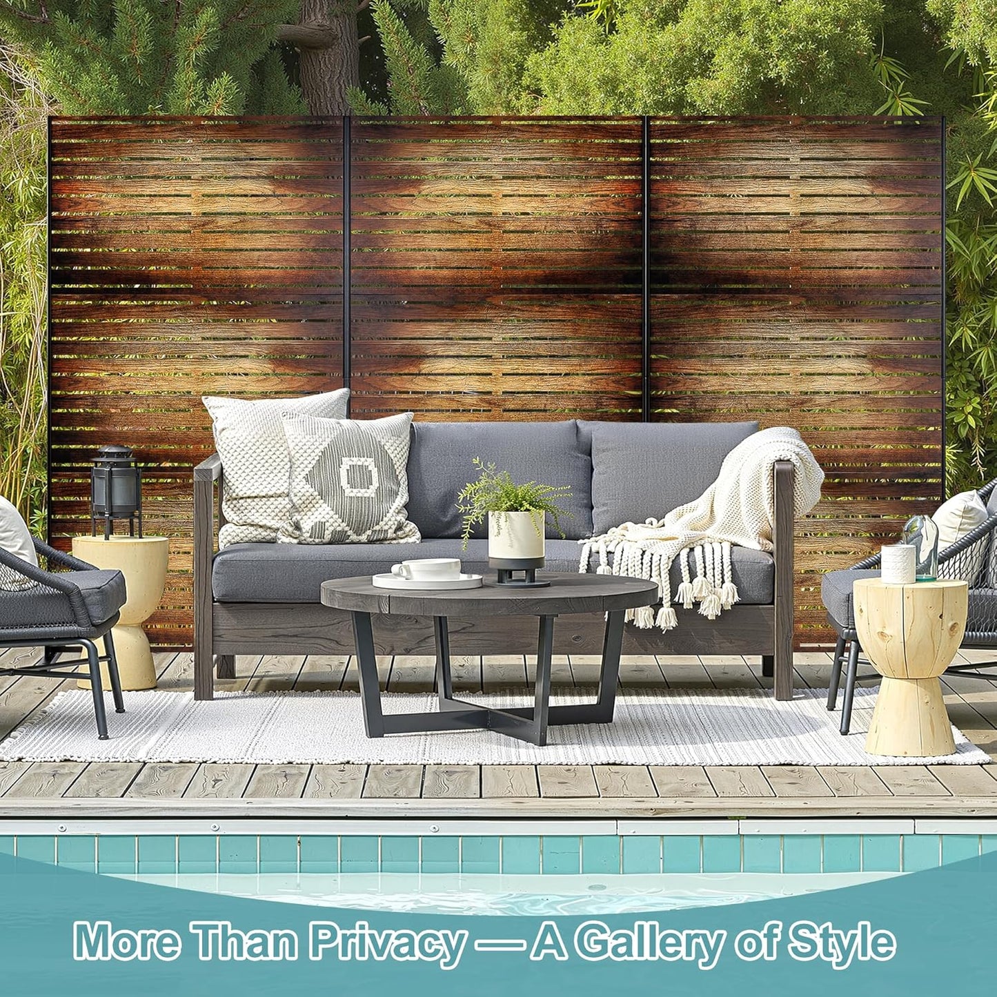 Metal Privacy Screen Outdoor Freestanding Privacy Wall Panels and Decorative Patio Dividers,Crafted from Steel with Sun-Proof Design,Ideal for Patio,Garden,72" H×47" L（Wooden&Vintage-3 Panels