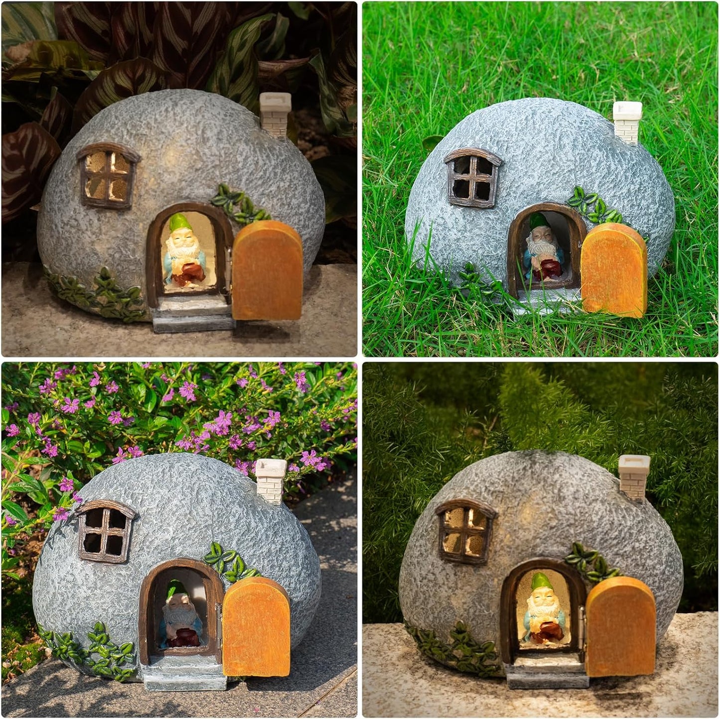 mopha Garden House Statues, Funny Gnomes Fairy Garden Lights Figurine,Mini Gnome Resin Solar Powered Outdoor Decor Patio Yard Lawn Ornament Decoration