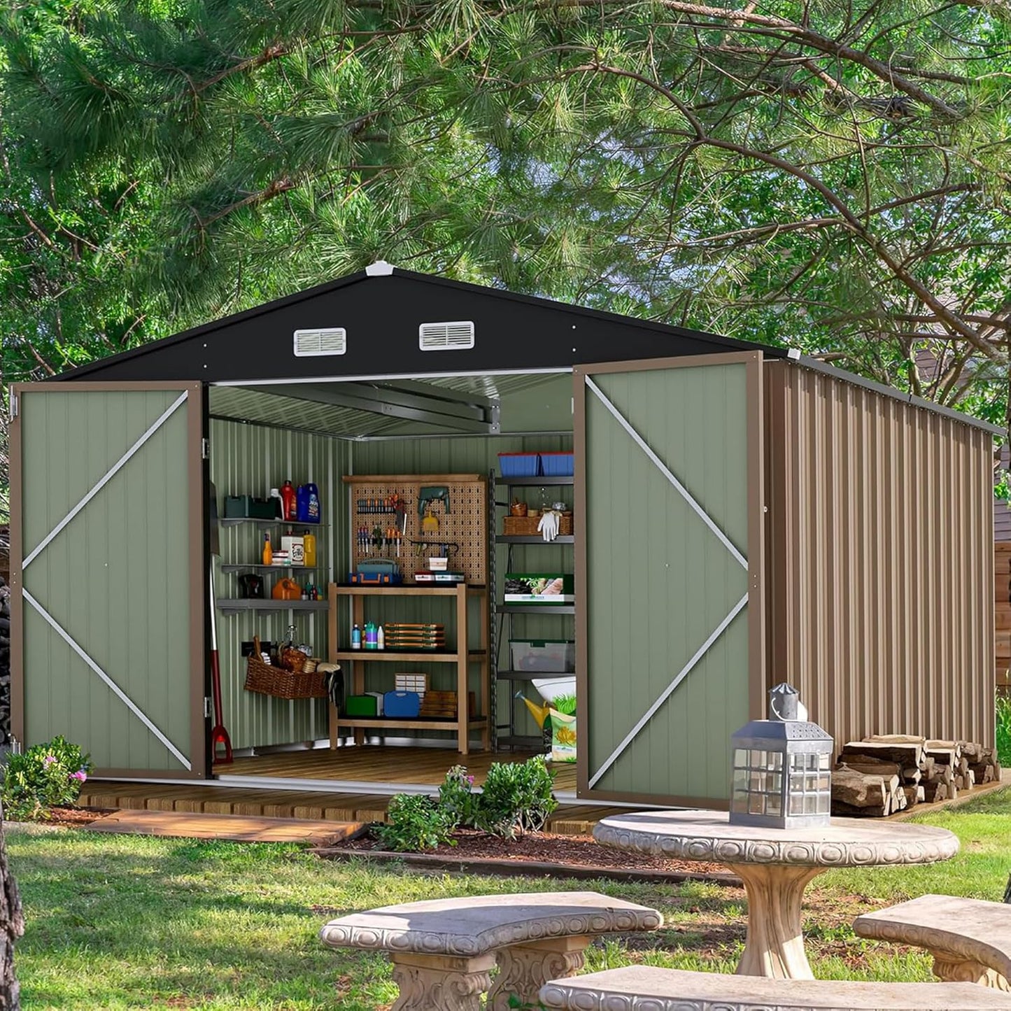 Devoko 8 x 10 FT Outdoor Storage Shed, Metal Garden Sheds & Outdoor Storage Clearance, Large Tool Shed Outdoor with Single Lockable Door for Patio Lawn Backyard (Brown)