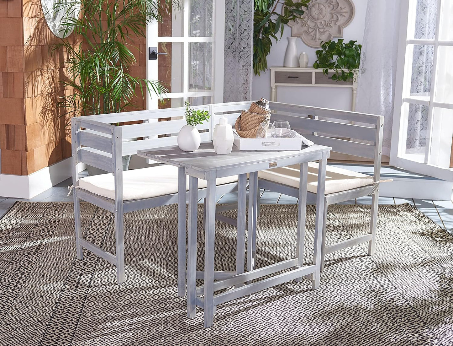 SAFAVIEH PAT6754A Collection Wilton Teak and Navy Balcony Corner Lounge Outdoor Set