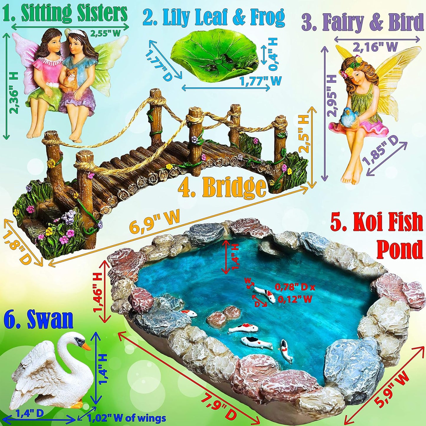 Mood Lab Fairy Garden Fish Pond Kit - Miniature Bridge Set of 6 pcs Fairy Garden Figurines & Accessories - Outdoor or House Decor