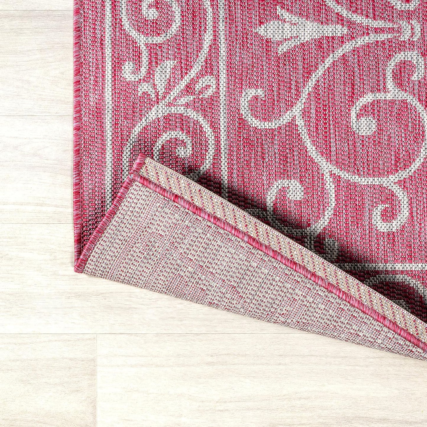 JONATHAN Y SMB106J-28 Charleston Vintage Filigree Textured Weave Indoor Outdoor Runner Rug, Classic Traditional Transitional Easy Cleaning,Bedroom,Kitchen,Backyard,Patio, Fuchsia/Light Gray, 2 X 8