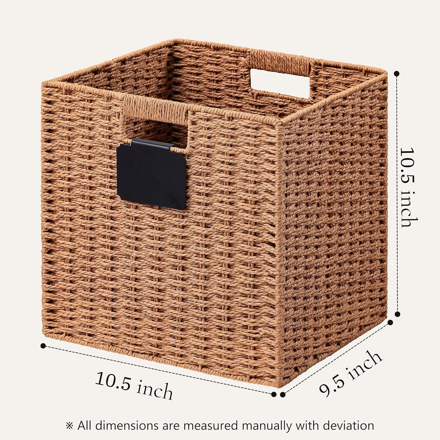 UBBCARE 2 Pack Wicker Basket, 10.5×10.5 Storage Cubes with Label, Foldable Cube Storage Bin with Handle, Square Storage Basket for Shelves, Woven Paper Rope Basket for Organizing, Caramel