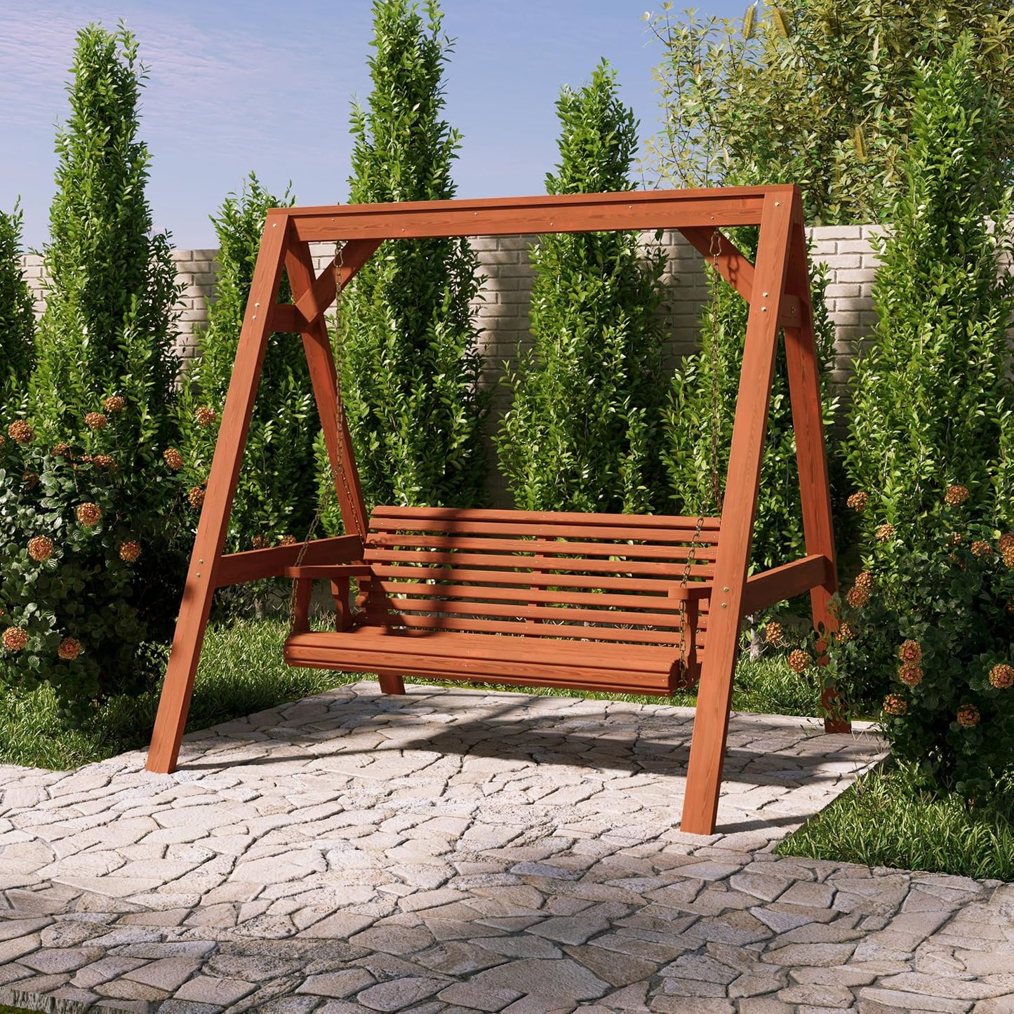 Amish Casual 5 Foot Roll Back Swing with A-Frame Stand in Cedar - Freestanding Wood Porch Swing for Patio, Yard or Garden