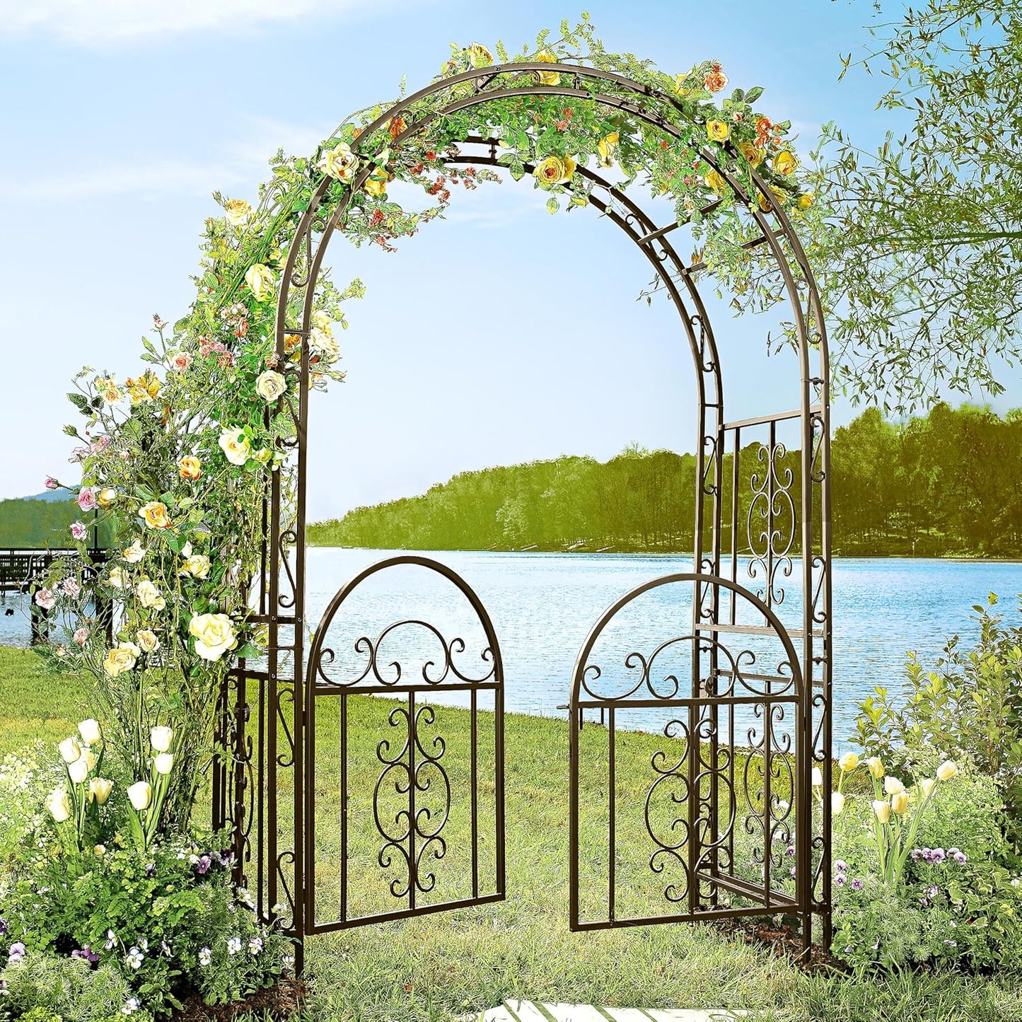 Plow & Hearth Arch Metal Outdoor Garden Arbor Double Gate | Montebello | 7 Feet Tall | Gunmetal Black | Trellis Lattice Climbing Plants