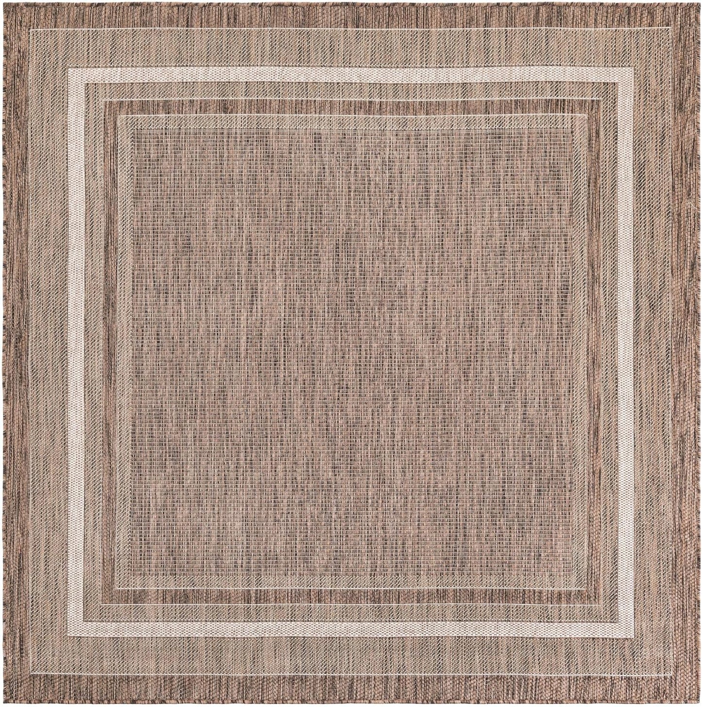 Unique Loom Outdoor Border Collection Area Rug - Soft Border (6' 1" Square Brown/Ivory)