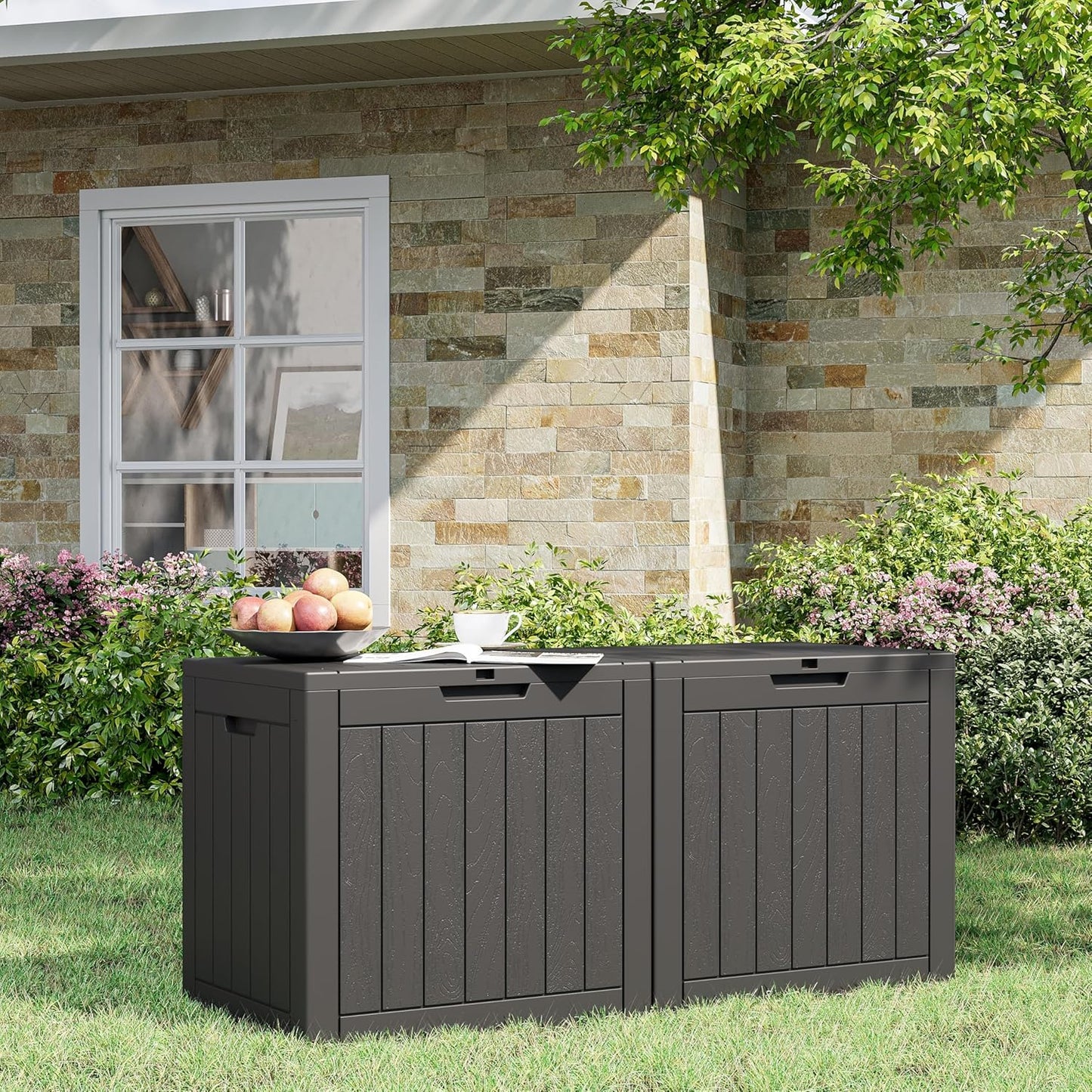 32 Gallon Deck Box Lockable Resin Indoor Outdoor Storage Box waterproof Outdoor Container for Patio Furniture, Pool Accessories, Cushions, Garden Tools, Sports Equipment