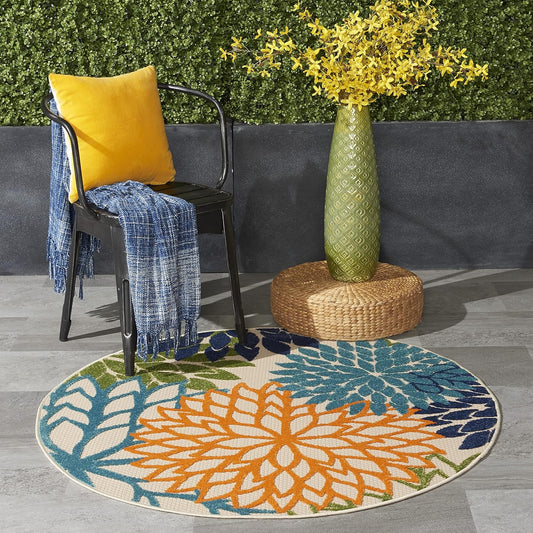 Nourison Home Aloha Indoor/Outdoor Multicolor 4' x Round Area Rug, Tropical, Botanical, Easy Cleaning, Non Shedding, Bed Room, Living Room, Dining Room, Deck, Backyard, Patio (4 Round)
