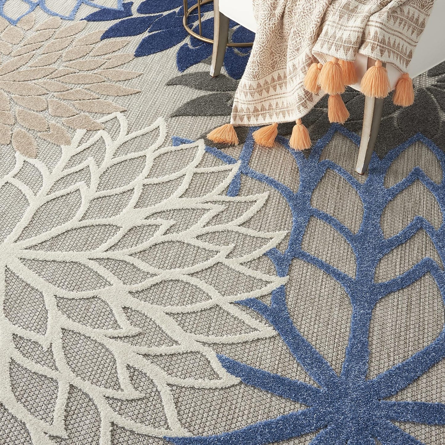 Nourison Aloha Indoor/Outdoor Blue/Multicolor 7'10" x Round Area Rug, Tropical, Botanical, Easy Cleaning, Non Shedding, Bed Room, Living Room, Dining Room, Deck, Backyard, Patio (8 Round)