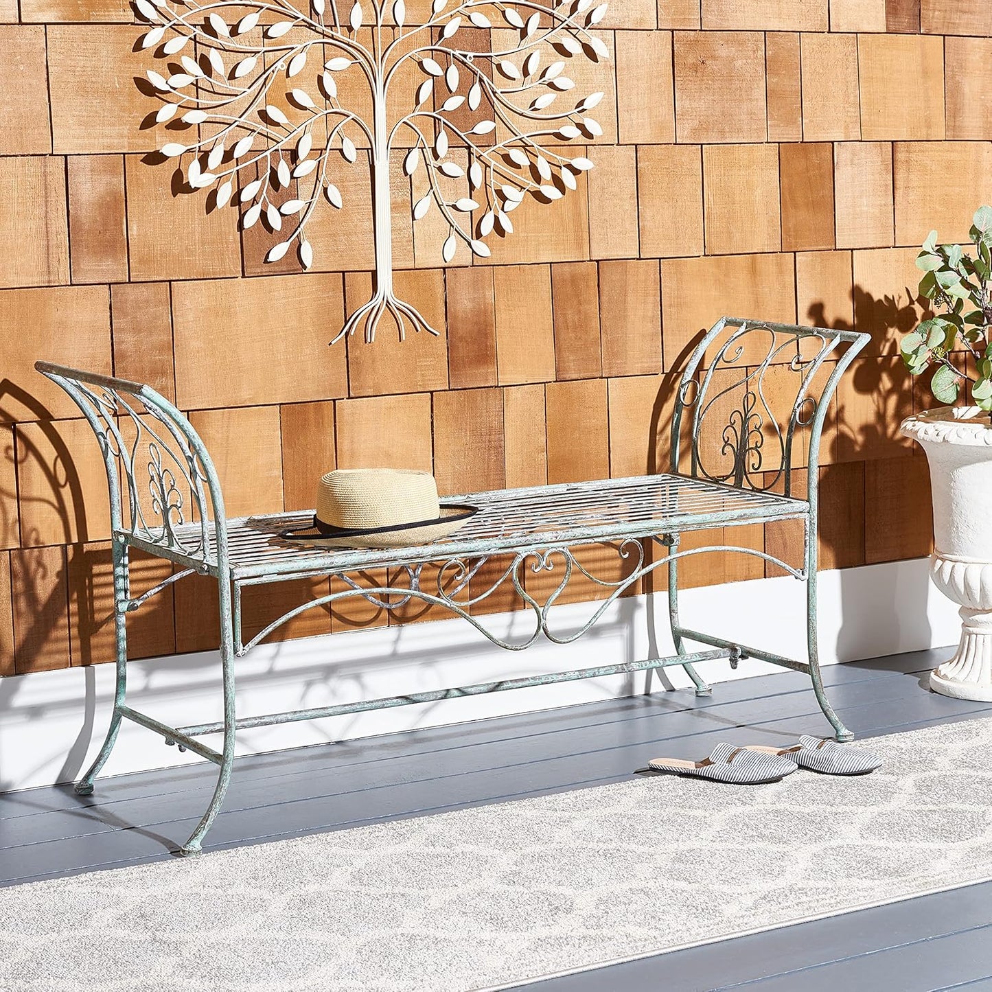 SAFAVIEH Outdoor Collection Adina Victorian Antique Dark Green Wrought Iron 51-inch Wide Garden Bench