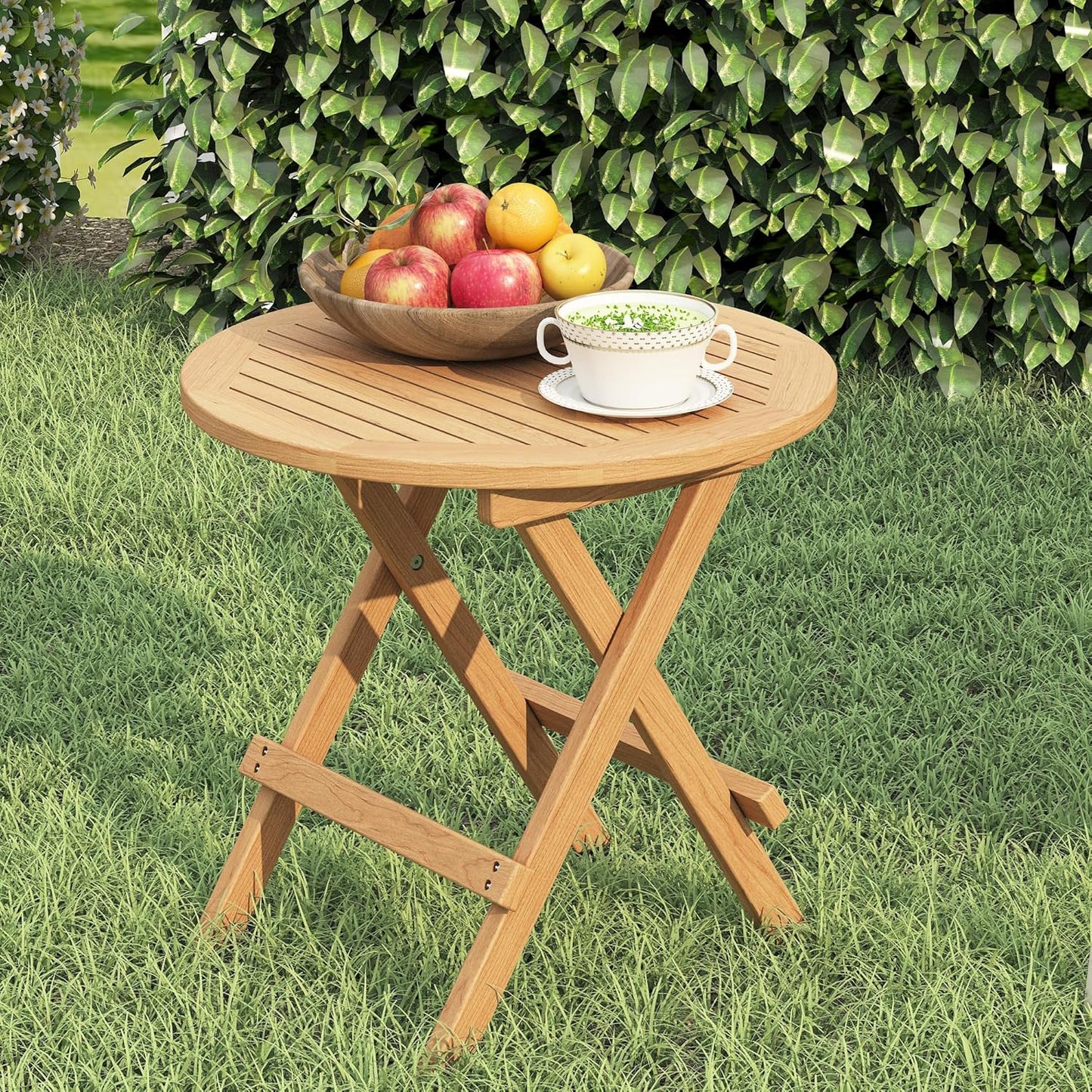 Teak Wood Outdoor Folding Side Table - Portable Round Patio Side Table with Metal Buckles & X-Frame,Patio End Table for Garden, Deck, Bistro, Beach,Porch