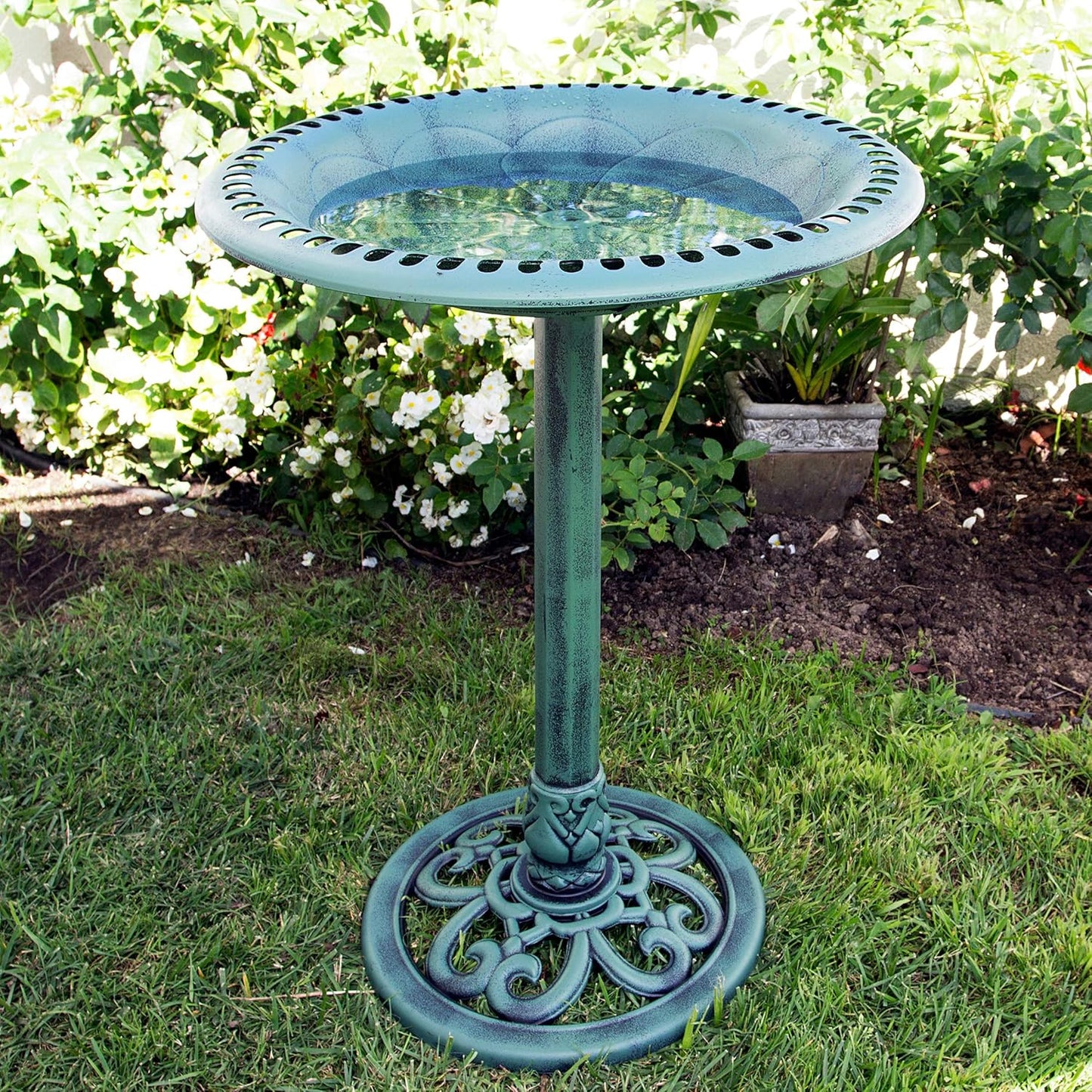 Alpine Corporation TEC116 Outdoor Aged Green Pedestal Birdbath with Scrollwork, 28" Tall, Green