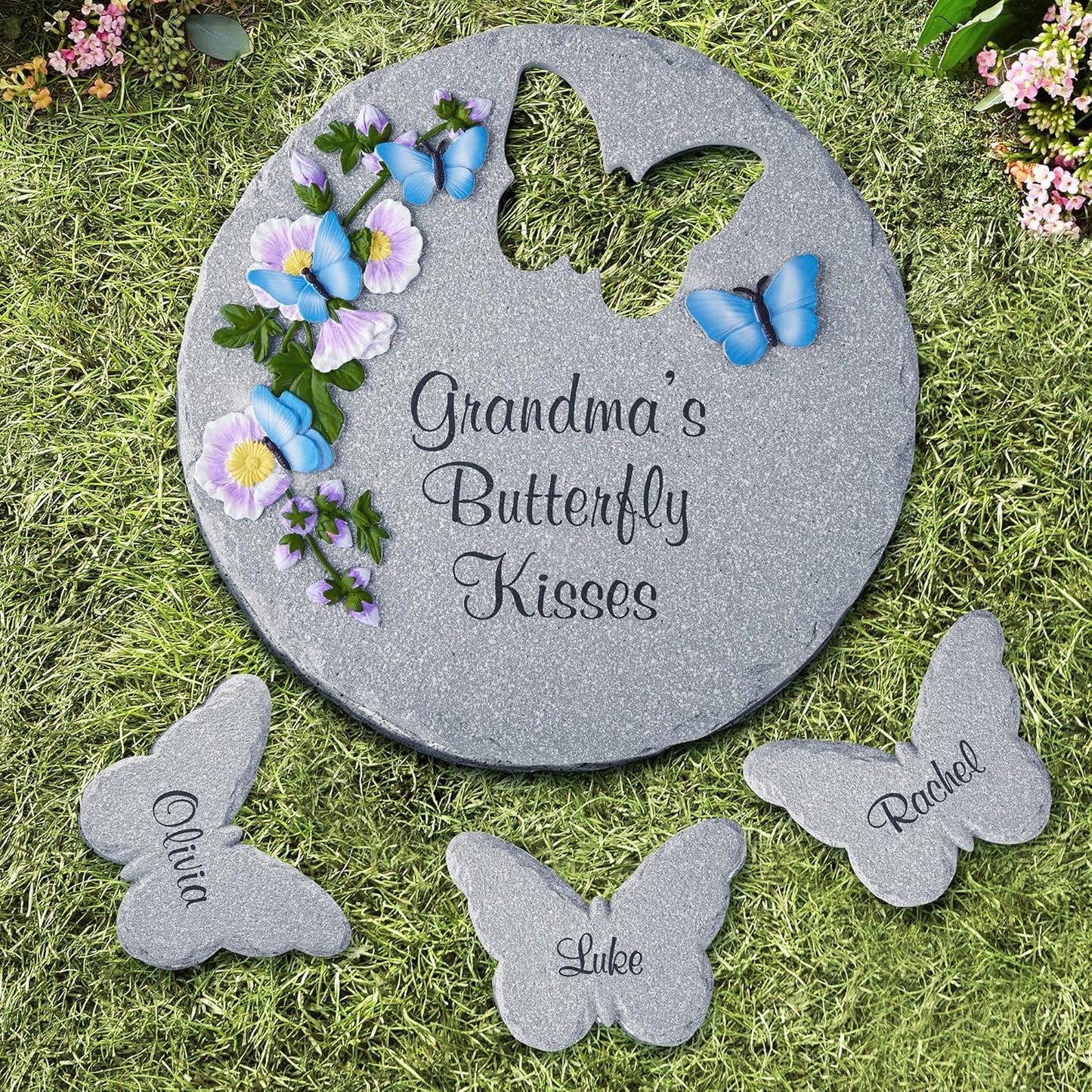Let's Make Memories Personalized Garden Décor - Custom Garden Stone - Indoor/Outdoor - for Mom or Grandma - for Her - Engraved - Butterfly Cutout - Durable Resin - Large Round Stone