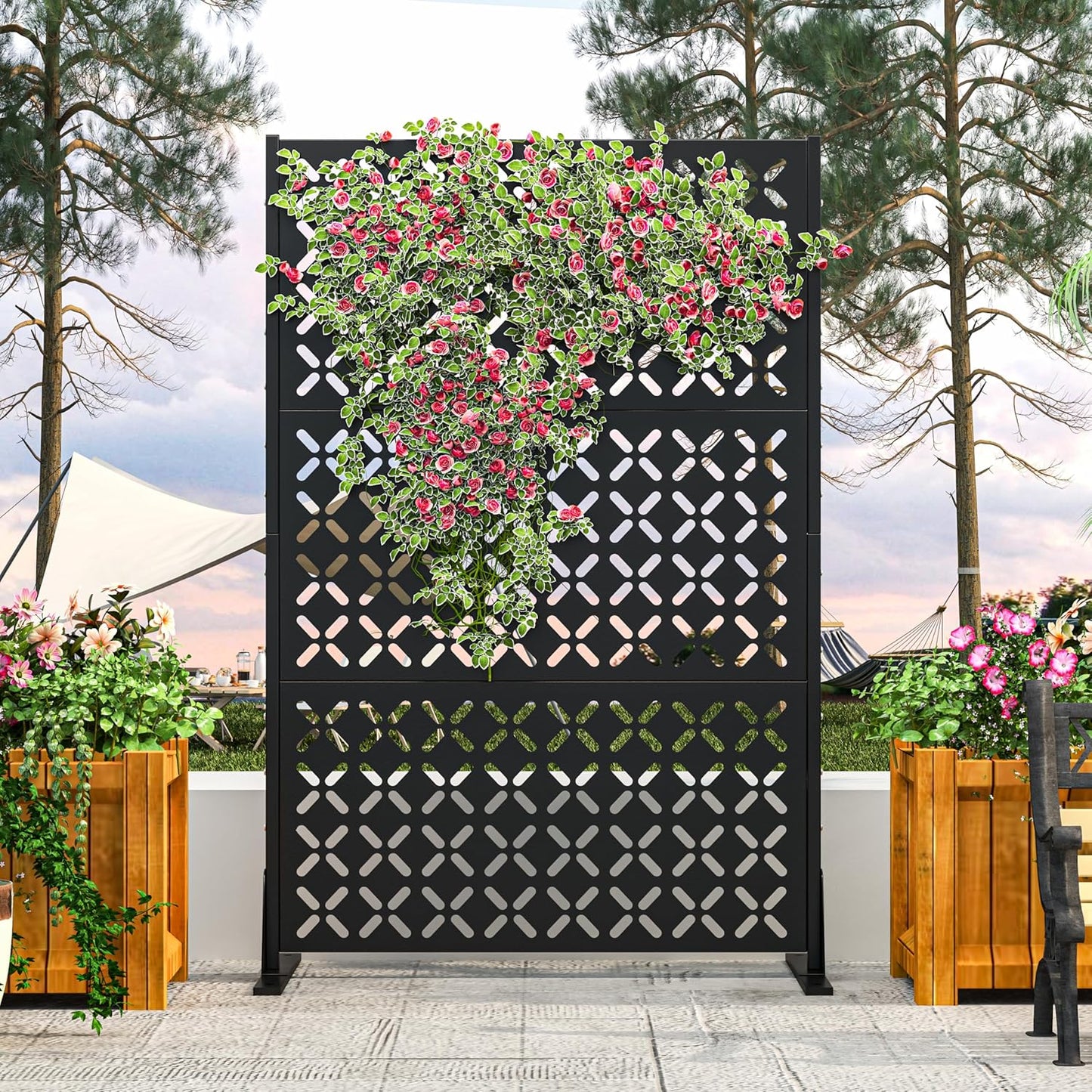 Metal Privacy Screen Outdoor, 72" H Freestanding Privacy Fence with Sturdy Stands, Decorative Privacy Panels Shield for Courtyard, Balcony, Garden and Other Indoor Places(X-Shaped-Fence)