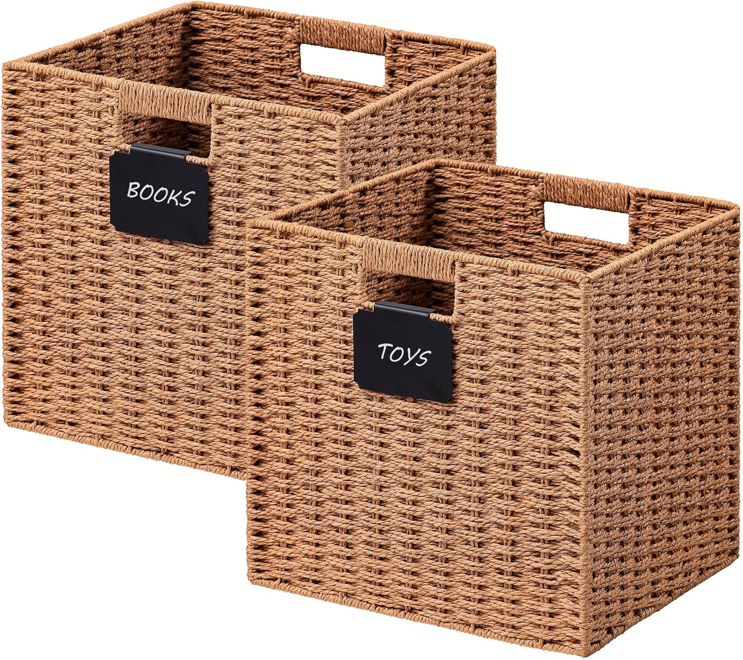UBBCARE 2 Pack Wicker Basket, 12×12 Storage Cubes with Label, Foldable Cube Storage Bin with Handle, Square Storage Basket for Shelves, Woven Paper Rope Basket for Organizing, Caramel