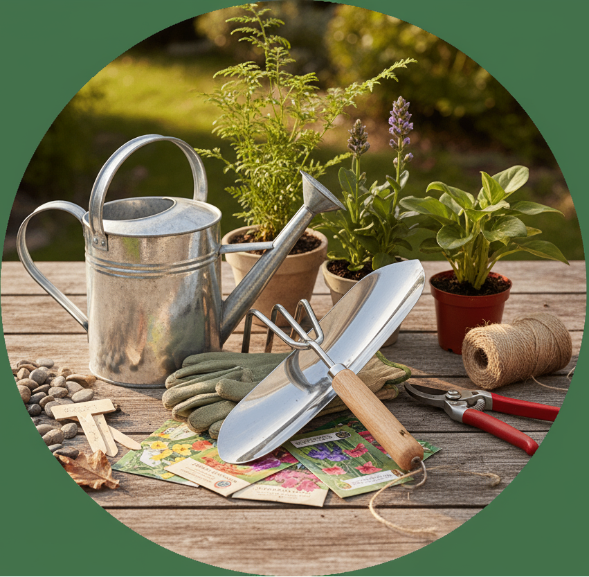 circle photo of garden tools and supplies